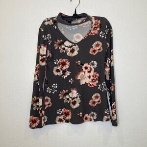 Rue21 Long Sleeve Stretchy Floral Choker Neck Cut Out Shirt EUC Sz Lg Women’s